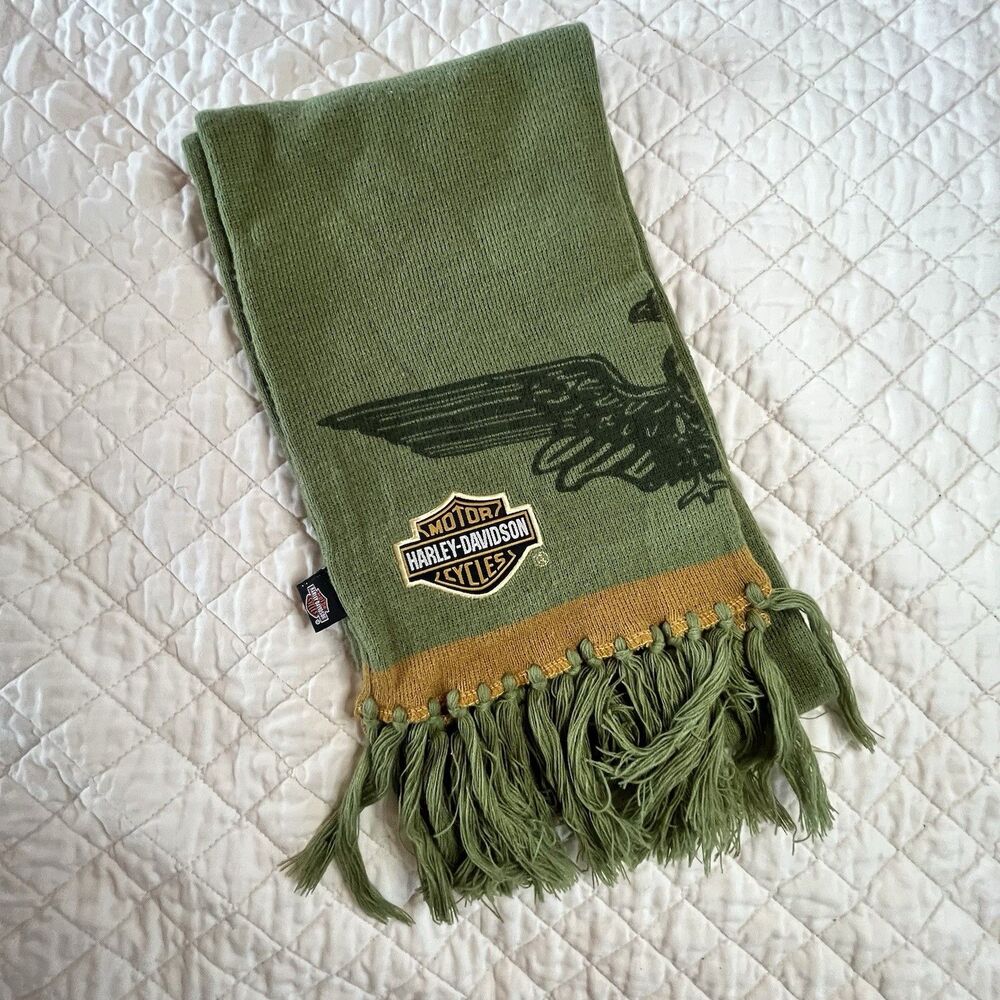 Harley-davidson Embroidered Scarf Hunter Green With Black Orange Logo 8 X 68